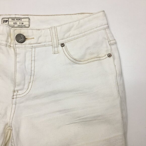 FREE PEOPLE Ivory Distressed Raw Step Hem 5 Pocket Logo Hardware Skinny Jeans - Picture 6 of 15